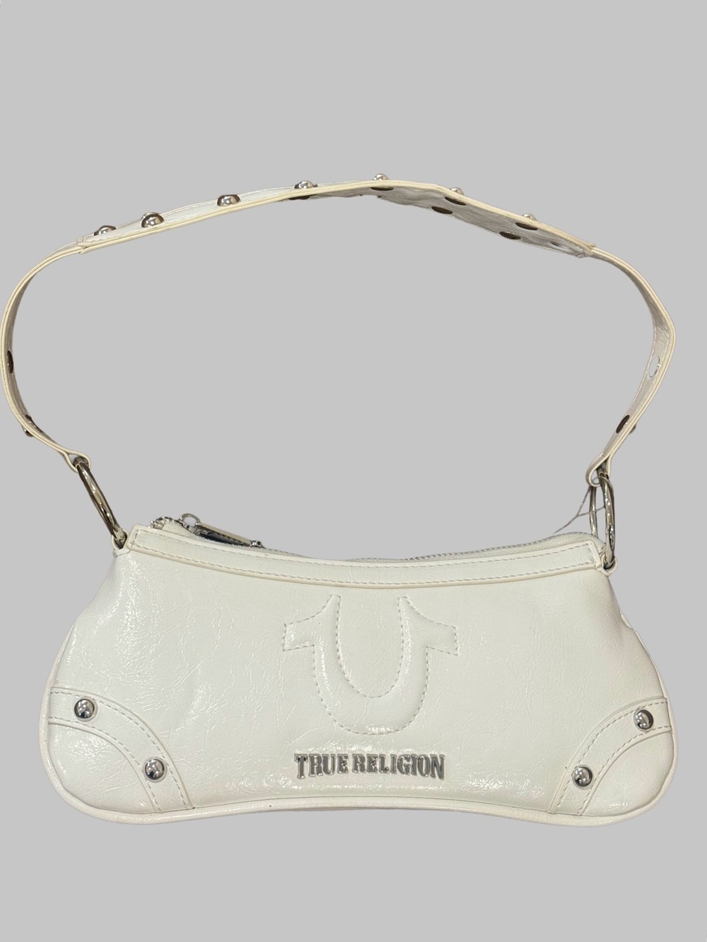 True Religion White Patent Studded Horseshoe Baguette Mini Bag Y2K Silver NWOT